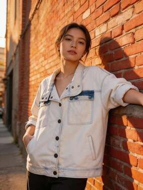 Cabi Drew Denim Oversized Jean Jacket Acid Wash White with blue Small Y2K